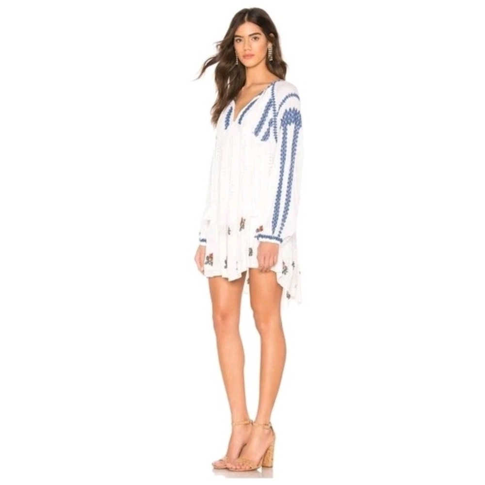Free People Embroidered Boho Mini Dress Ivory Blue White Tassel Eyelet Small - Picture 2 of 12